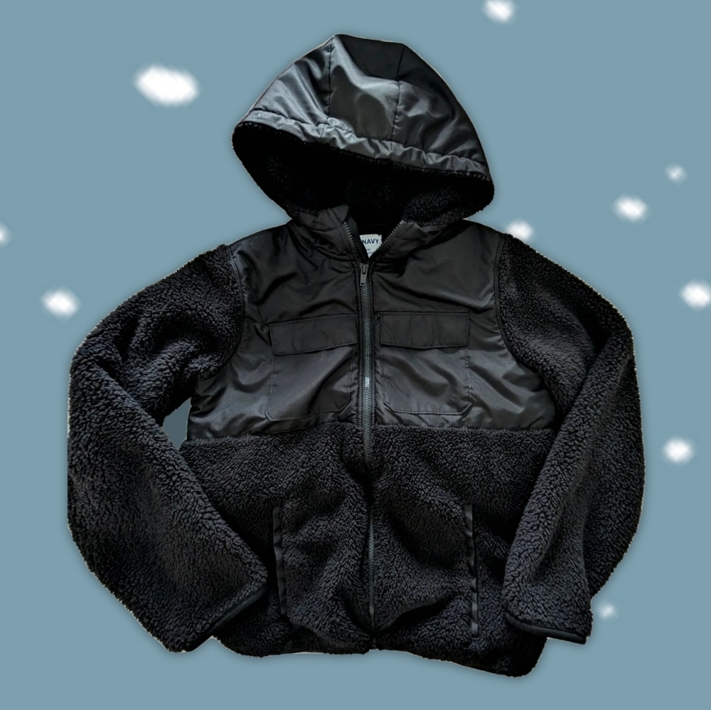 NWOT Black Sherpa Like Mixed Media Hooded Jacket From Old Navy, Size 18
